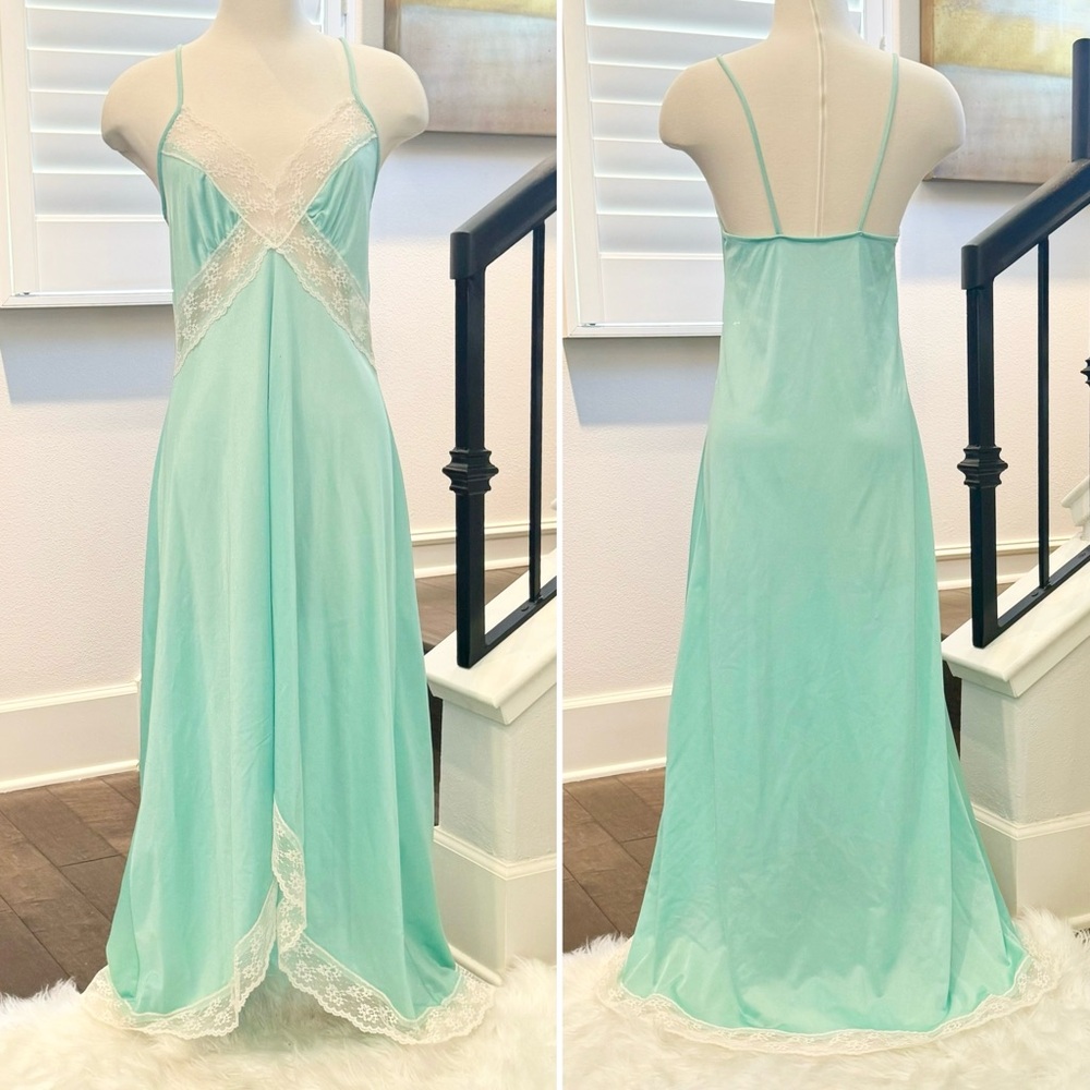 Vintage Undercover Wear 80s Silky Satin Pastel Green Lace Maxi Gown Slip Dress - Picture 5 of 10